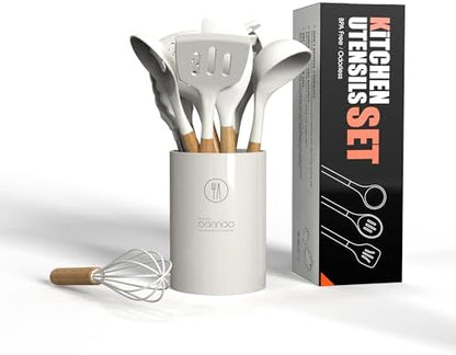oannao Silicone Cooking Utensils Set - 446°F Heat Resistant Silicone Kitchen Utensils for Cooking,Kitchen Utensil Spatula Set w Wooden Handles and Holder for Non-Stick Cookware (Cream White)