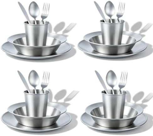 Stainless Steel Outdoor Camping Dishes Mess Kit Set, Plates Bowls Forks Spoons Knives Combo with Carry Bag for Travel Backpacking Hiking and Picnic(4 Sets)