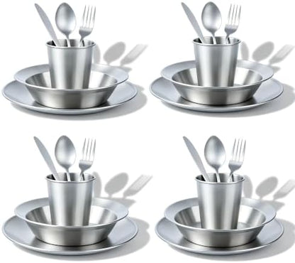 Stainless Steel Outdoor Camping Dishes Mess Kit Set, Plates Bowls Forks Spoons Knives Combo with Carry Bag for Travel Backpacking Hiking and Picnic(4 Sets)