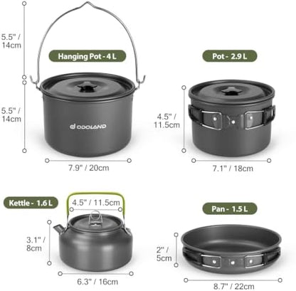Odoland 39pcs Camping Cookware Mess Kit, Non-Stick Large Size Hanging Pot Pan Kettle with Base Dinner Cutlery Sets for 6 and More, Cups Dishes Forks Spoons Kit for Outdoor Camping Hiking Picnic