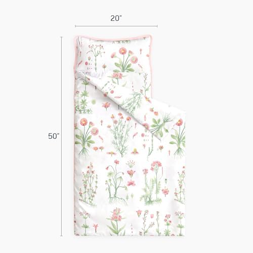 Wake In Cloud - Toddler Nap Mat with Pillow and Blanket, 100% Cotton Fabric, for Kids Girls Ages 3 Plus in Daycare Kindergarten Preschool, Sleeping Bag, Botanical Flowers