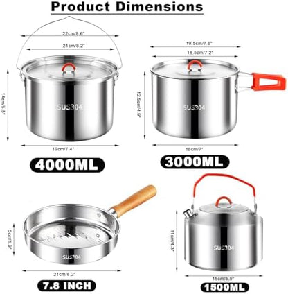 Camping Cookware Set 304 Stainless Steel Camping Pots and Pans Set