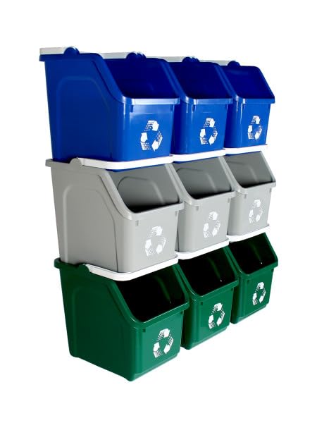 Multi Bin Recycling System with Nine Stackable 6 Gallon Recycle Bins to Build Your Recycling Center for Offices, Kitchen, Garages, Businesses - (9 Pack, Blue/Grey/Green)