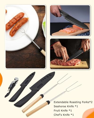 Hozzen Camping Cooking Set - Camping Utensil Set Car Camping Cooking Essentials Gear for Camp Kitchen Cooking and Grilling, Stainless Steel & Silicone Ideal Gift for RV Tent Camper, Picnics, BBQs