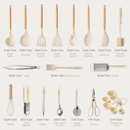 CAROTE 22-Piece Cooking Utensils Set with Wood Cool-Touch Handles, Cream