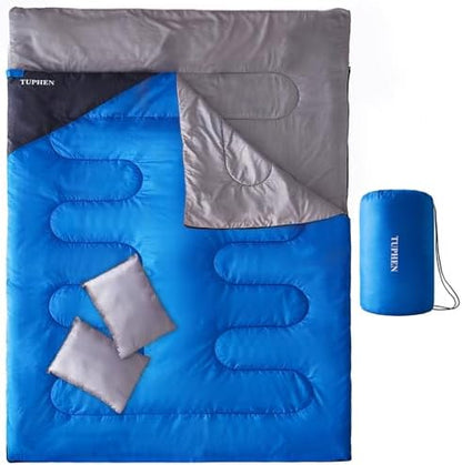 Tuphen Double Sleeping Bag, Sleeping Bag with 2 Pillows, Queen Size XL Bag for 2 People, Cold Warm Weather- 3 Seasons, Waterproof Adults for Camping, Backpacking or Hiking