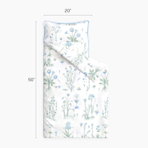 Wake In Cloud - Toddler Nap Mat with Pillow and Blanket, 100% Cotton Fabric, for Kids Girls Ages 3 Plus in Daycare Kindergarten Preschool, Sleeping Bag, Botanical Flowers