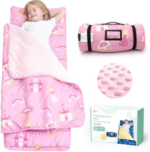 ACRABROS Toddler Nap Mat with Pillow and Blanket, Large Rolled Napping Mats,Slumber Bags for Boys Girls,Kids Sleeping Bag for Daycare, Preschool Travel