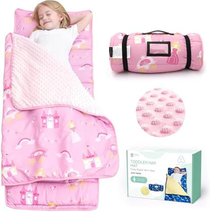 ACRABROS Toddler Nap Mat with Pillow and Blanket, Large Rolled Napping Mats,Slumber Bags for Boys Girls,Kids Sleeping Bag for Daycare, Preschool Travel