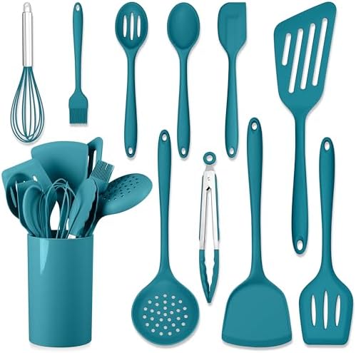 HaWare 11 PCS Silicone Cooking Utensils Set, Heat Resistant Kitchen Utensils with Holder, Food-grade Spatula Sets for Nonstick Cookware, Kitchen Tools Gadgets Include Fish Turner, Spoon (Blue)