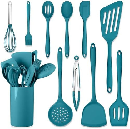 HaWare 11 PCS Silicone Cooking Utensils Set, Heat Resistant Kitchen Utensils with Holder, Food-grade Spatula Sets for Nonstick Cookware, Kitchen Tools Gadgets Include Fish Turner, Spoon (Blue)