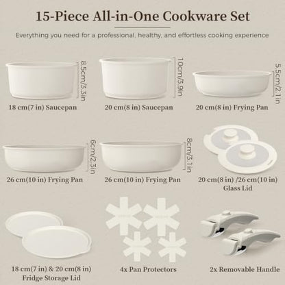 YASHE 15Pcs Nonstick Pots and Pans Set with Detachable Handle, Oven Safe