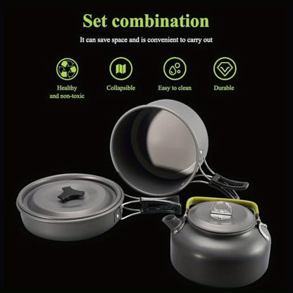 Portable Camping Cookware Set- Lightweight Aluminum Pot, Pan & Kettle with Foldable Handles for Backpacking, Hiking & Outdoor Cooking - Non-Stick, Space-Saving for 2-3 People