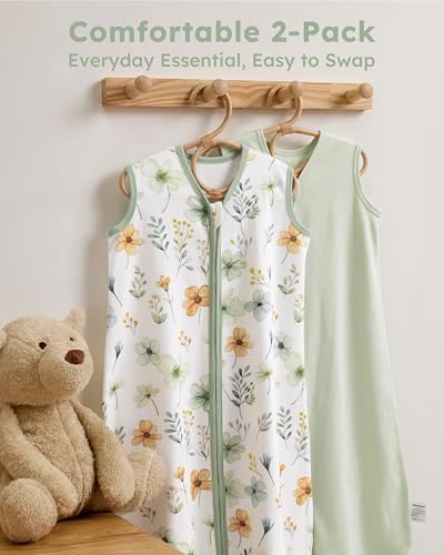 Baby Sleep Sack 18-24 Months 0.5 TOG, 100% Cotton Baby Wearable Blanket 2 Pack with 2-Way Zipper, Lightweight Sleep Bag for Boys ＆ Girls Toddler Breathable Sleeing Sack Green Flower