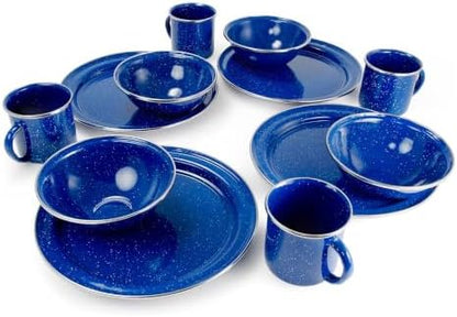 GSI Outdoors Pioneer Enamel 12 Pieces (4-Person) Dish Set I Enamelware Dishes Including Plates, Bowls and Mugs for Camping, Outdoors, RV, Camp, Blue
