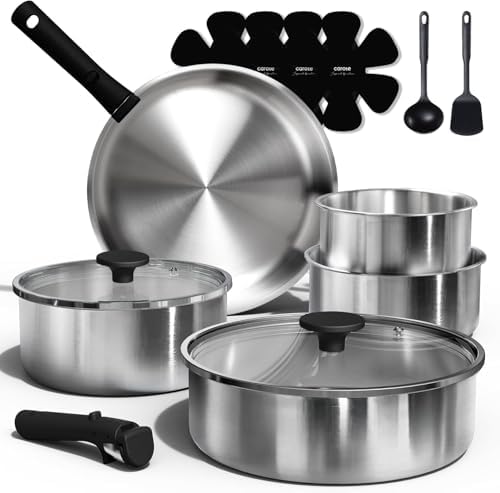 CAROTE 15pcs Tri-Ply Stainless Steel Cookware Set with Detachable Handle