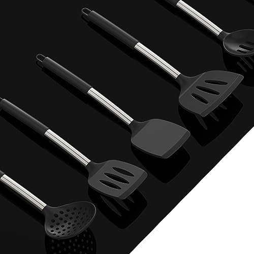 oannao Large Silicone Cooking Utensils Set - Heat Resistant Kitchen Utensils Sets,Spatula,Spoon,Turner Tongs,Whisk,Stainless Steel Cooking Utensil for Nonstick Cookware Dishwasher Safe (Black)