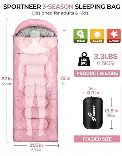 Sportneer Sleeping Bag, 3 Seasons Warm Cold Weather Sleeping Bags for Adults Kids Boys Girls with Compression Sack- Lightweight Camping Essentials Gear Accessories, Backpacking, Hiking