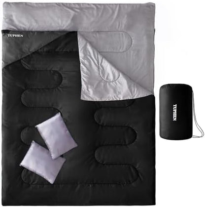 Tuphen Double Sleeping Bag, Sleeping Bag with 2 Pillows, Queen Size XL Bag for 2 People, Cold Warm Weather- 3 Seasons, Waterproof Adults for Camping, Backpacking or Hiking
