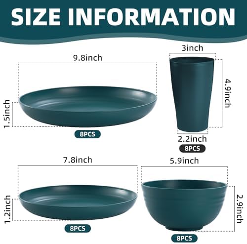 Green Unbreakable Plates and Bowls Sets Microwave and Dishwasher Safe,Dark Green Dinnerware Sets for 8,Christmas Reusable Plastic Dishes Set Lightweight for Elderly Kitchen Adults Camping Outdoor
