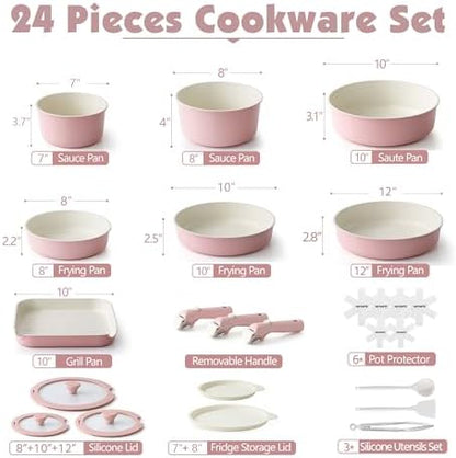 SENSARTE 24 Piece Ceramic Detachable Handle Pots and Pans Set Pink