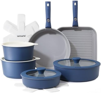 SENSARTE 17 Piece Ceramic Detachable Handle Pots and Pans Set Navy