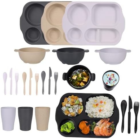 24 Pcs Wheat Straw Dinnerware Cutlery Sets,Unbreakable Divided Plates Bowls Cups Spoon Knife Fork for 4 People,Microwave Dishwasher Safe Tableware Cutlery for Party and Daily Use,Mix Color 1