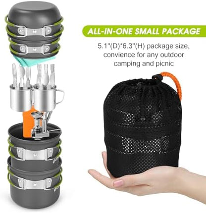 Odoland 16pcs Camping Cookware Mess Kit, Lightweight Pot Pan Mini Stove with 2 Cups, Fork Spoon Kits for Backpacking, Outdoor Camping Hiking and Picnic
