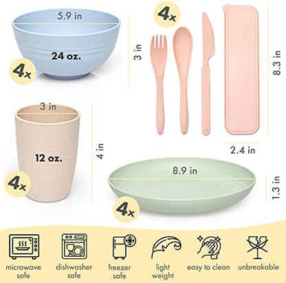 FOODLE Wheat Straw Dinnerware Set - Non-Toxic Kids Plates and Bowls Sets