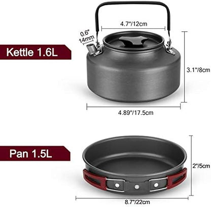 Odoland 22pcs Camping Cookware Mess Kit, Large Size Hanging Pot Pan Kettle with Base Cook Set for 4, Cups Dishes Forks Spoons Kit for Outdoor Camping Hiking Picnic
