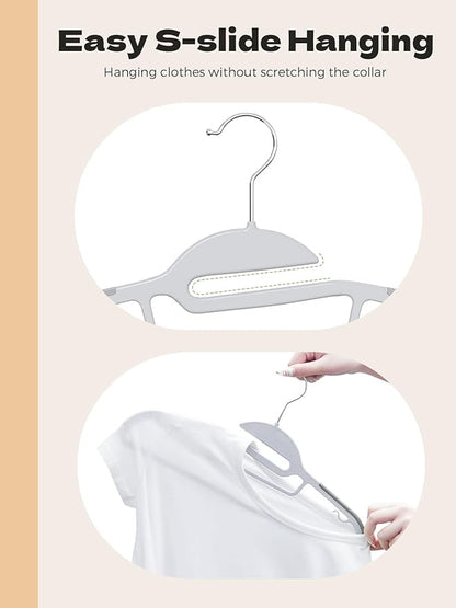 HOUSE DAY Heavy Duty Plastic Hangers 100 Pack, Grey Slim Clothes Hangers Space Saving, Durable S-Shaped Non Slip Coat Hangers with Rubber Pads, 360° Swivel Hook, Ideal for for Shirt, Suit, Pant, Skirt