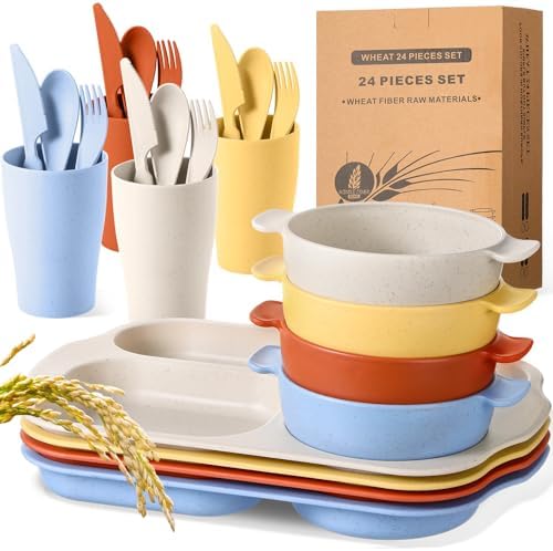 Honoson 24pcs Wheat Straw Dinnerware, Unbreakable, Mixed Color