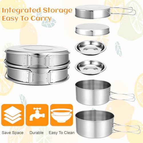 15 Pcs Camping Cookware Set, Stainless Steel Outdoor Camping Cooking Kit with Pot and Pan Cups Plates Forks Knives Spoons Kit for 1-2 Person Camping, Backpacking, Outdoor Cooking and Picnic