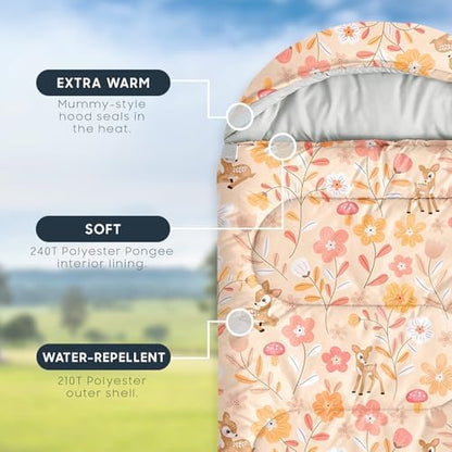 Wake In Cloud - Kids Sleeping Bag for Girls Toddlers, Camping in Warm Cold Weather, Backpacking Lightweight Compact Outdoor Liner for 3 Seasons, Deer Floral Garden