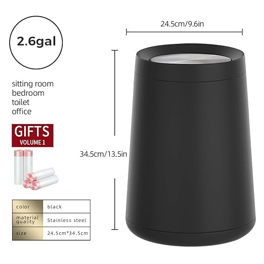 10 L/2.6 Gallon,Matte Black Bathroom Trash Can,Metal Garbage Can with Flipping Lid,for Bathroom, Living Room,Bedroom,Hotel,Office, Laundry Room (Black)