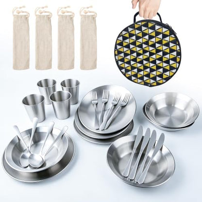 Stainless Steel Outdoor Camping Dishes Mess Kit Set, Plates Bowls Forks Spoons Knives Combo with Carry Bag for Travel Backpacking Hiking and Picnic(4 Sets)