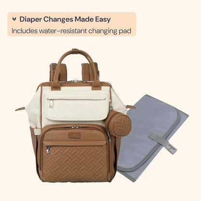 BabbleRoo Leather Diaper Bag Backpack, Multifunction Large Bags with Changing Pad & Stroller Straps & Pacifier Case, Unisex Stylish Travel Back Pack Nappy Changing Bag for Moms Dads (Caramel Cream)