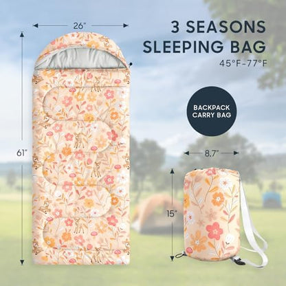 Wake In Cloud - Kids Sleeping Bag for Girls Toddlers, Camping in Warm Cold Weather, Backpacking Lightweight Compact Outdoor Liner for 3 Seasons, Deer Floral Garden