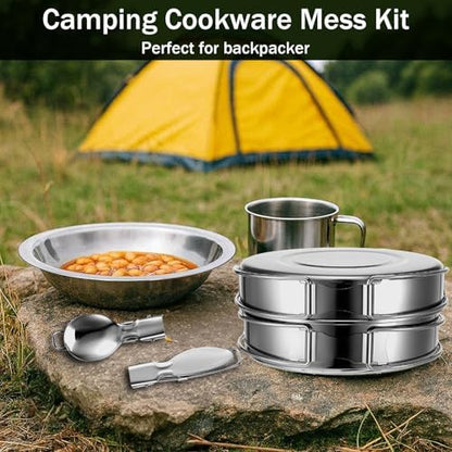 JJUNW 14Pcs Stainless Steel Camping Cookware Set, Lightweight Compact Camping Pots Pans Set with Cups Plates Forks Knives Spoons for Backpacking Camping-Cooking Hiking and Picnic
