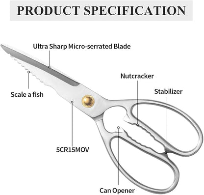 Professional Kitchen Scissors - Heavy Duty Food Scissors - Stainless Steel Utility Shears - Cutting Tools for Vegetables, Meat, Fish & Pizza