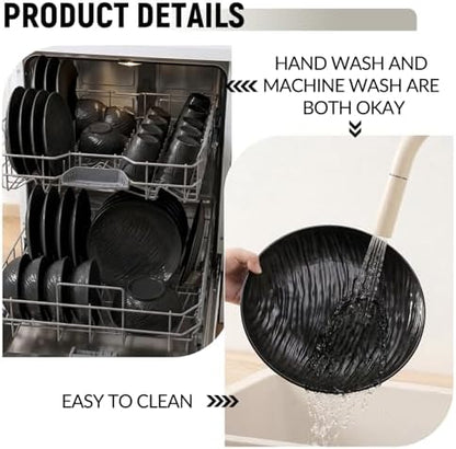 18-Piece Black Wheat Straw Dinnerware Set for 6 (6 Plates, 6 Bowls, 6 Cups) - Heavy Duty Unbreakable Rock-Textured Set, Elegant Microwave Safe & Reusable for Camping & Outdoor Use