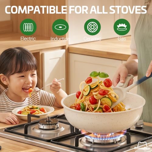 12 Pcs Pots and Pans Set Non Stick, Ceramic Cookware Set Non Toxic with Detachable Handles, Healthy Induction Cookware Oven Safe RV Kitchen Set, PFAS PFOA & PTFE Free, Cream White