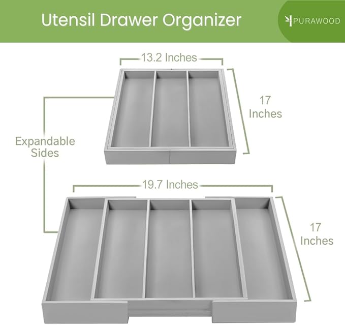 Purawood Kitchen Drawer Organizer - Expandable Utensil Drawer Organizer for Kitchen, Cutlery Tray & Silverware Organizer, 3-5 Slots - Bamboo Organizer for Utensils & Flatware (Grey)