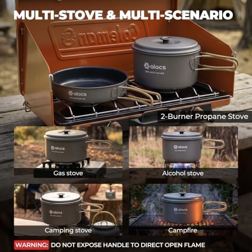 ALOCS 2-Piece Camping Cookware Set, 2.2L Pot & 7.5-Inch Nonstick Fry Pan