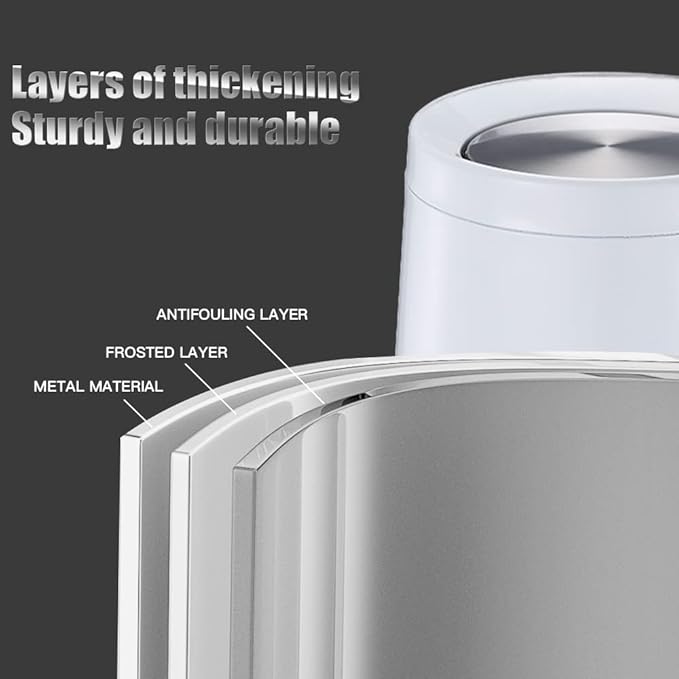 Household Swing White Bathroom Trash Can，Brushed Stainless Steel，10 L/3 Gallen，Garbage Can with Flipping Lid， for Indoor or Commercial Use, Kitchen,Modern，Living Room,Bedroom