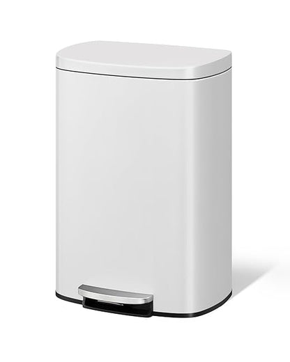 Garvee 13 Gallon / 50 Liter Metal Kitchen Trash Can with Lid, Large Rustproof Garbage Can for Kitchen, Step-on Trash Bin with Inner Bucket, Rear Handle, Soft Close Lid, White