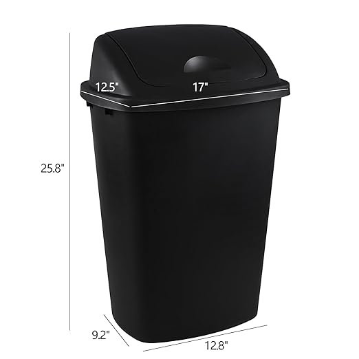 13 Gallon Swing Top Lid Garbage Cans, Large Plastic Kitchen Trash Can Set of 4, Black