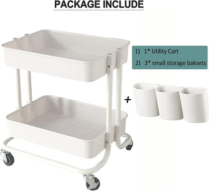 2-Tier Utility Rolling Cart Storage Sofa Side Table with Wheels, Mobile Trolley Organizer with for Office Home Kitchen Organization, Cream White