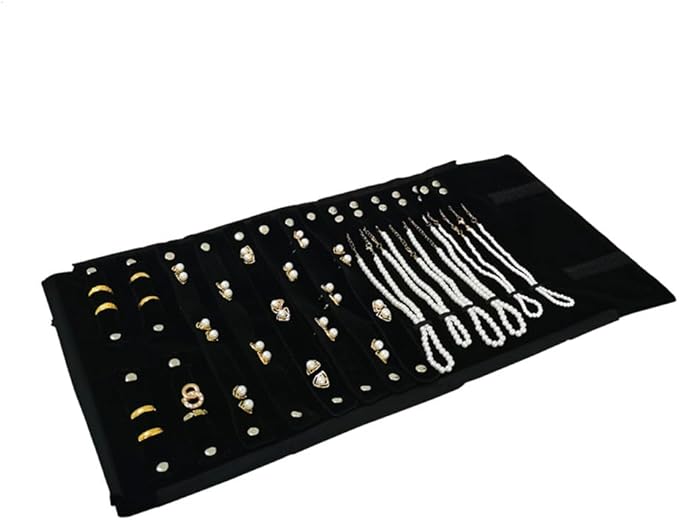 Velvet Travel Jewelry Case Roll Bag Organizer for Necklace Bracelet Earrings Ring (Black) (Black(2+6+6))
