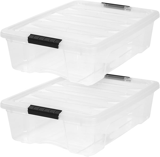IRIS USA 27 Qt Stackable Plastic Storage Bins with Lids, 2 Pack - BPA-Free, Made in USA - Discreet Organizing Solution, Latches, Durable Nestable Containers, Secure Pull Handle - Clear